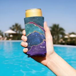 Blue Lila Aqua Gold Veins Agate Monogram Selters Dosenkühler