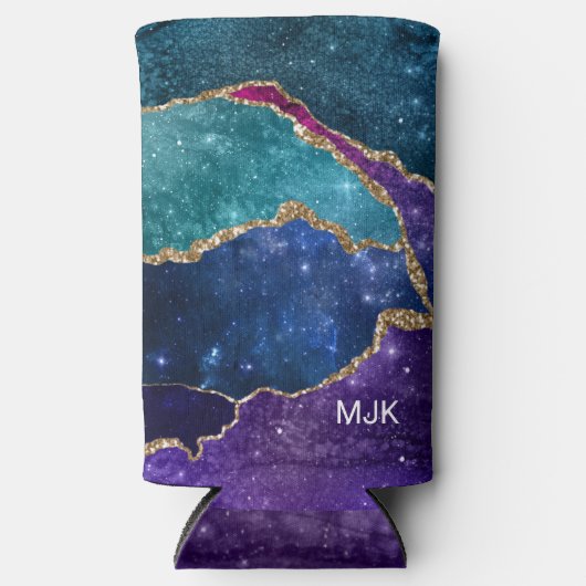 Blue Lila Aqua Gold Veins Agate Monogram Selters Dosenkühler (Vorderseite)