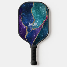 Blue Lila Aqua Gold Veins Monogram Agate Pickleball Schläger