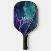 Blue Lila Aqua Gold Veins Monogram Agate Pickleball Schläger (Rückseite)