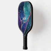 Blue Lila Aqua Gold Veins Monogram Agate Pickleball Schläger (Links)