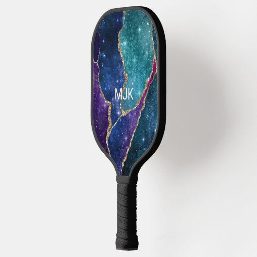 Blue Lila Aqua Gold Veins Monogram Agate Pickleball Schläger (Links)
