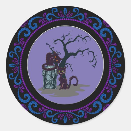 Blue Lila Black Cats Grabstein Tree Halloween Runder Aufkleber (Vorderseite)