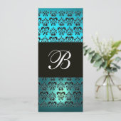 BLUE LILA BLACK DAMASK MONOGRAMM, weißer Turquase Einladung (Stehend Vorderseite)