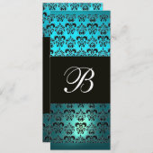 BLUE LILA BLACK DAMASK MONOGRAMM, weißer Turquase Einladung (Vorne/Hinten)