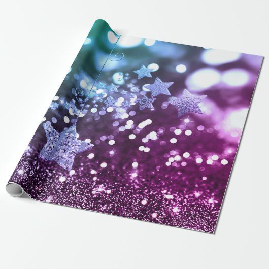 Blue & Lila Bokeh Imitats Glitzer & Stars Geschenkpapier (Ungerollt)