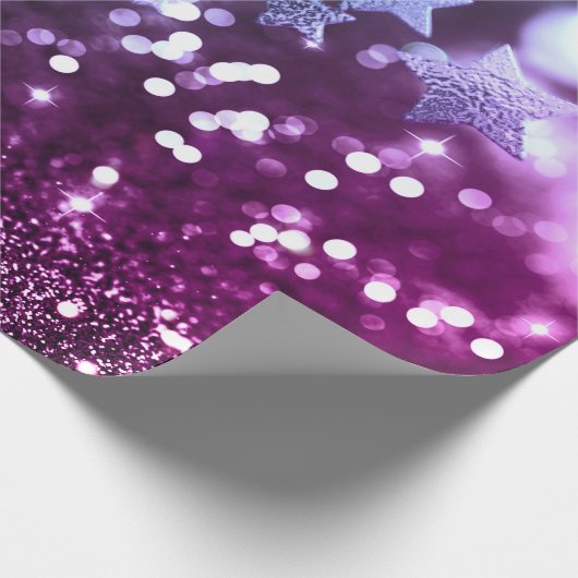 Blue & Lila Bokeh Imitats Glitzer & Stars Geschenkpapier (Ecke)