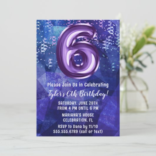 Blue Lila Boy 6. Geburtstag Einladung (Stehend Vorderseite)