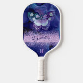 Blue Lila Butterfly und Monogram Name Pickleball Schläger (Rückseite)