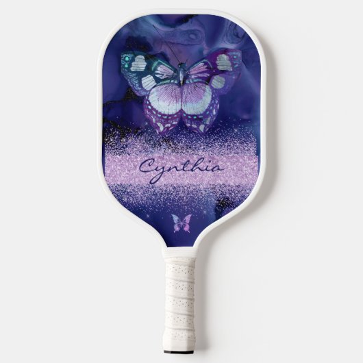 Blue Lila Butterfly und Monogram Name Pickleball Schläger (Rückseite)