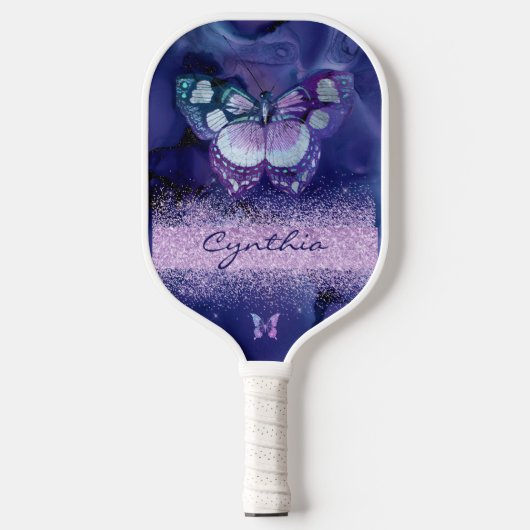 Blue Lila Butterfly und Monogram Name Pickleball Schläger (Vorderseite)