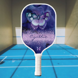 Blue Lila Butterfly und Monogram Name Pickleball Schläger