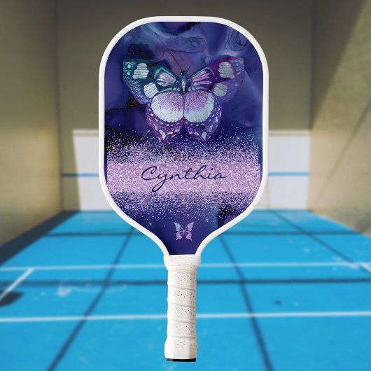 Blue Lila Butterfly und Monogram Name Pickleball Schläger