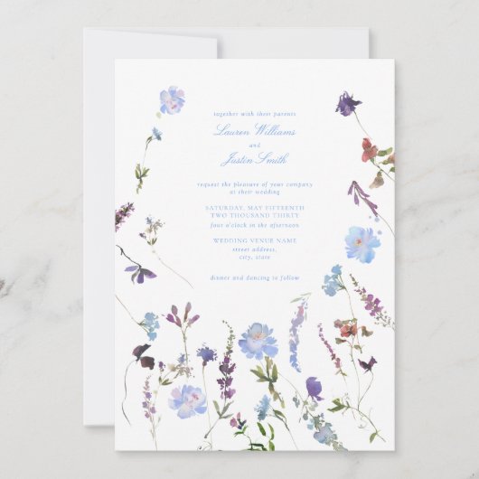Blue Lila Floral Botanical Script Foto Hochzeit Einladung (Vorderseite)