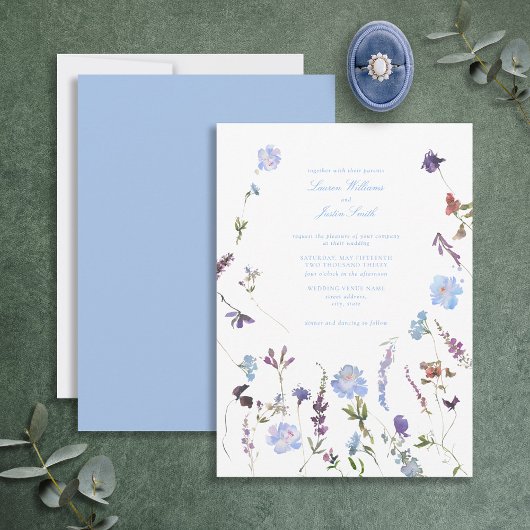 Blue Lila Floral Botanical Script Foto Hochzeit Einladung