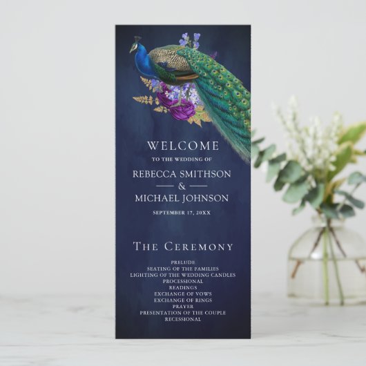 Blue Lila Floral Indian Peacock Wedding Program (Stehend Vorderseite)
