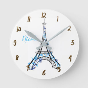 Blue Lila Floral Paris Eiffelturm Personalisiert Runde Wanduhr