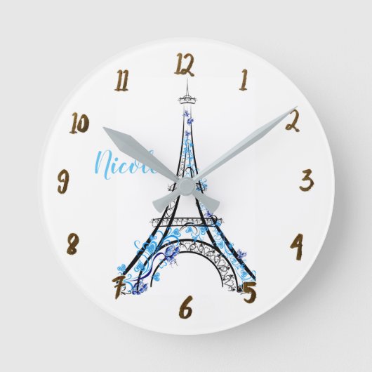 Blue Lila Floral Paris Eiffelturm Personalisiert Runde Wanduhr (Vorderseite)