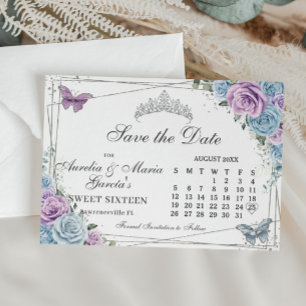 Blue Lila Floral Twins Sweet 16 Quince Calendar Save The Date