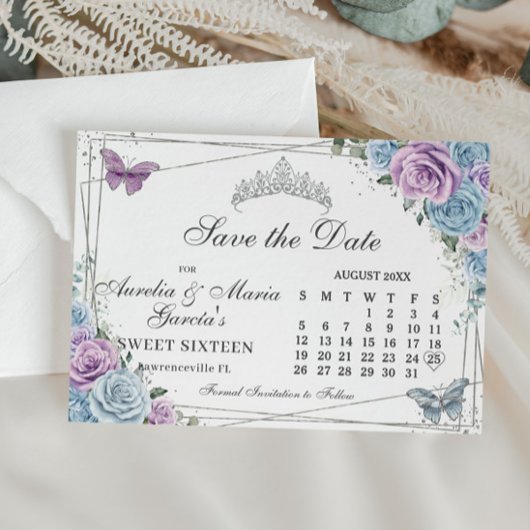 Blue Lila Floral Twins Sweet 16 Quince Calendar Save The Date