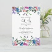 Blue Lila Floral Women's 40. Geburtstag Einladung (Stehend Vorderseite)