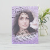 Blue Lila Funkelnd Glitzer Ombre Foto Sweet 16 Einladung (Stehend Vorderseite)