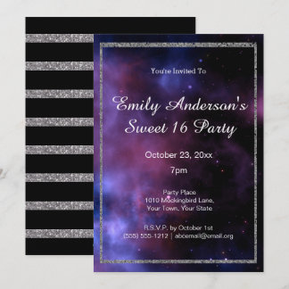 Blue Lila Galaxy Silver Sweet 16 Geburtstag Einladung