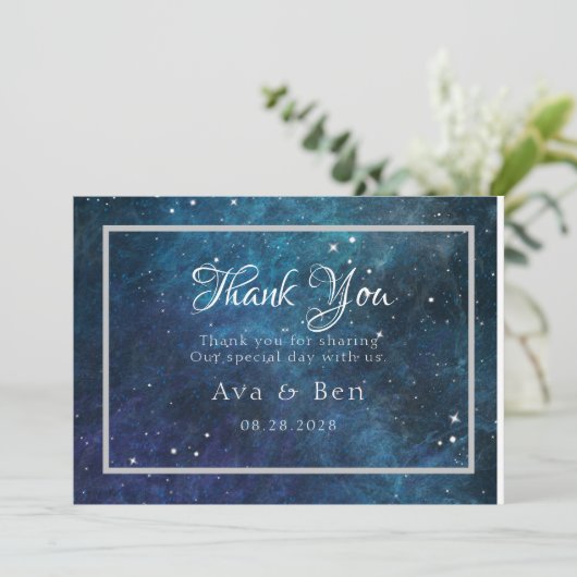 Blue Lila Galaxy Wedding Danke Karten (Stehend Vorderseite)