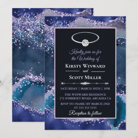 Blue Lila Glitzer Agate Wedding Einladung (Vorne/Hinten)