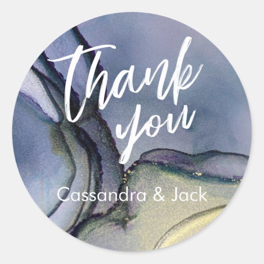 Blue Lila Gold Liquid Abstrakt Art Lässig Hand Runder Aufkleber (Vorderseite)