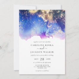 Blue Lila Gold Watercolor Tinte Wash Wedding Einladung