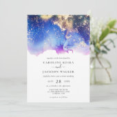 Blue Lila Gold Watercolor Tinte Wash Wedding Einladung (Stehend Vorderseite)