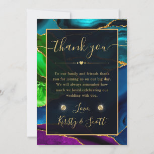 Blue, Lila & Green Agate & Gold Glitzer Wedding Dankeskarte