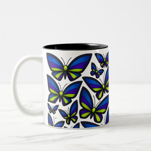 Blue Lila Green Wings Now Zweifarbige Tasse (Links)