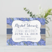 Blue Lila Hydrangea Wood Brautparty Einladung (Stehend Vorderseite)