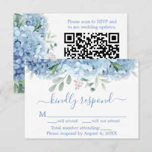 Blue Lila Hydrangeas Floral Wedding RSVP QR Code Dankeskarte