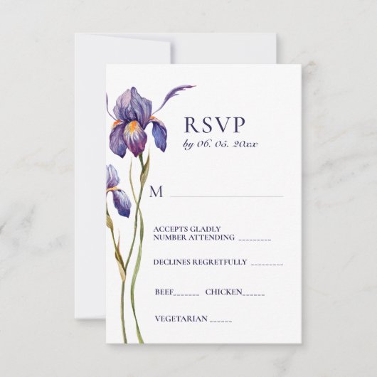 Blue Lila Iris Floral Watercolor Wedding RSVP (Vorderseite)