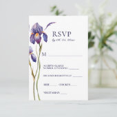 Blue Lila Iris Floral Watercolor Wedding RSVP Karte (Stehend Vorderseite)