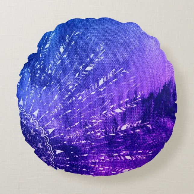 Blue Lila Mandala Clouds Boho Bohemisch Throw Pil Rundes Kissen (Vorderseite)