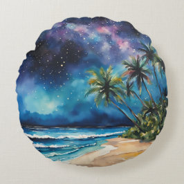 Blue Lila Night Sky Stars Tropical Beach Palms Rundes Kissen