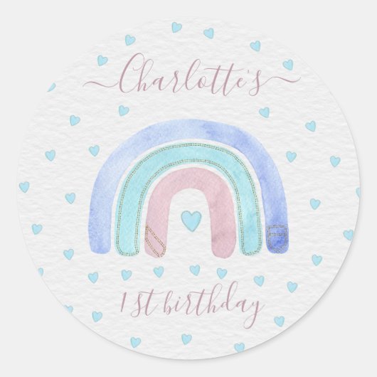 Blue Lila Pastell Rainbow Erster Geburtstag Runder Aufkleber (Vorderseite)