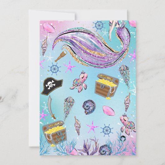Blue Lila Pirates Mermaid Joint Birthday Einladung (Rückseite)