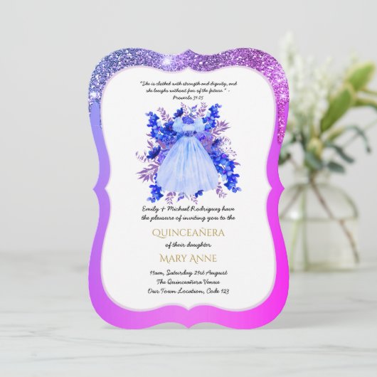 Blue Lila Quinceñera BLUE Floral Elegante Einladung (Stehend Vorderseite)