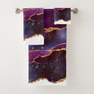 Blue & Lila Space & Stars mit Goldband Badhandtuch Set