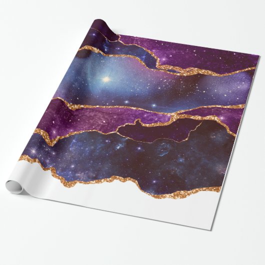 Blue & Lila Space & Stars mit Goldband Geschenkpapier (Ungerollt)