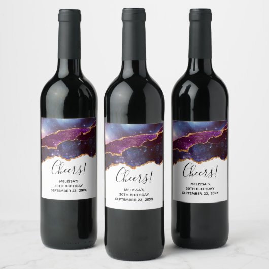 Blue & Lila Space & Stars Modern Agate Geburtstag Weinetikett (Flaschen)