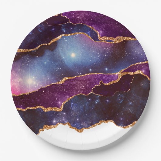 Blue & Lila Space & Stars Modern Agate Pappteller (Vorderseite)