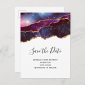 Blue & Lila Space & Stars Moderne Save the Date Einladungspostkarte (Vorne/Hinten)