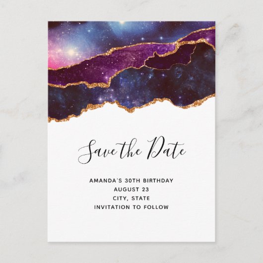 Blue & Lila Space & Stars Moderne Save the Date Einladungspostkarte (Vorderseite)
