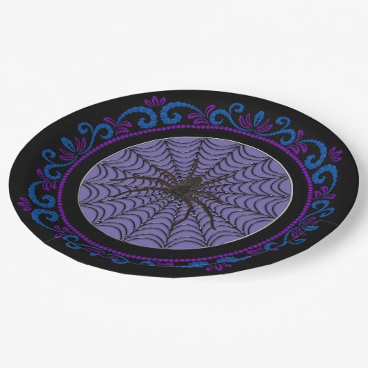 Blue Lila Spider Web und Black Spider Halloween Pappteller (Schrägansicht)